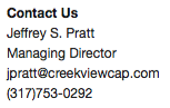 Contact Creekview, Jeff Pratt, Managing Director, 317.753.0292